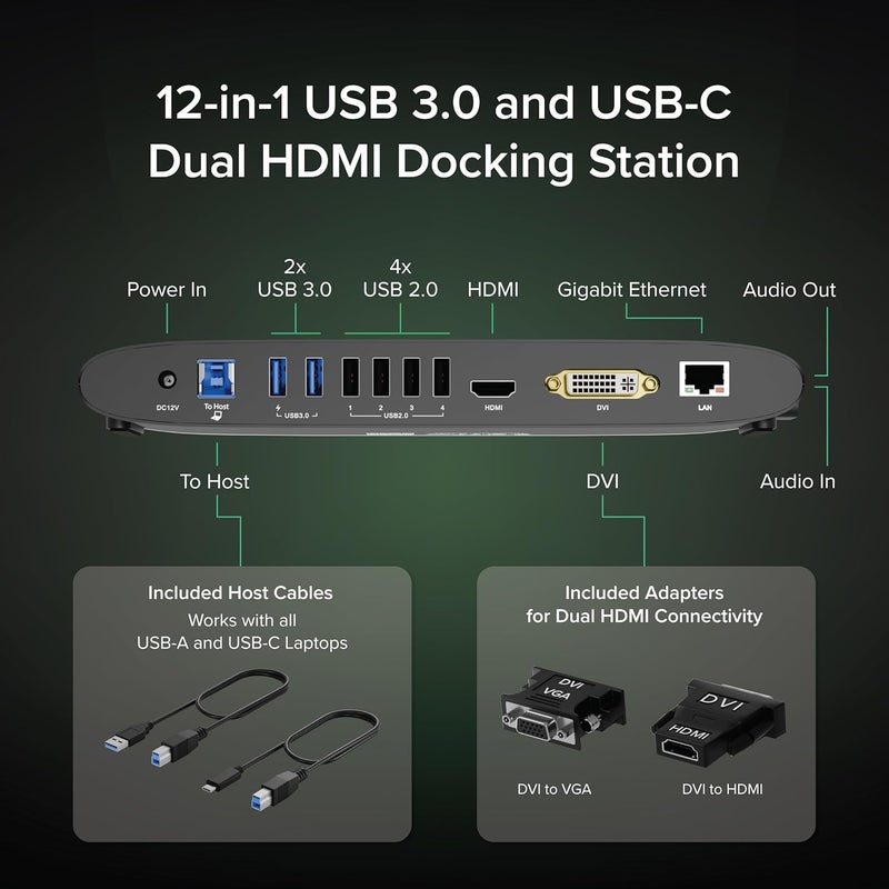 Plugable USB 3.0 Universal Docking Station for Windows, macOS, ChromeOS (Dual HDMI Monitors or DVI/VGA, Gigabit Ethernet, Audio, 6 USB Ports) - Image 2